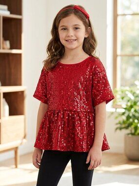 NEW Evsie Short Sleeve Babydoll Solid Sparkle Sequin Ruffled Top Short Blouse XS